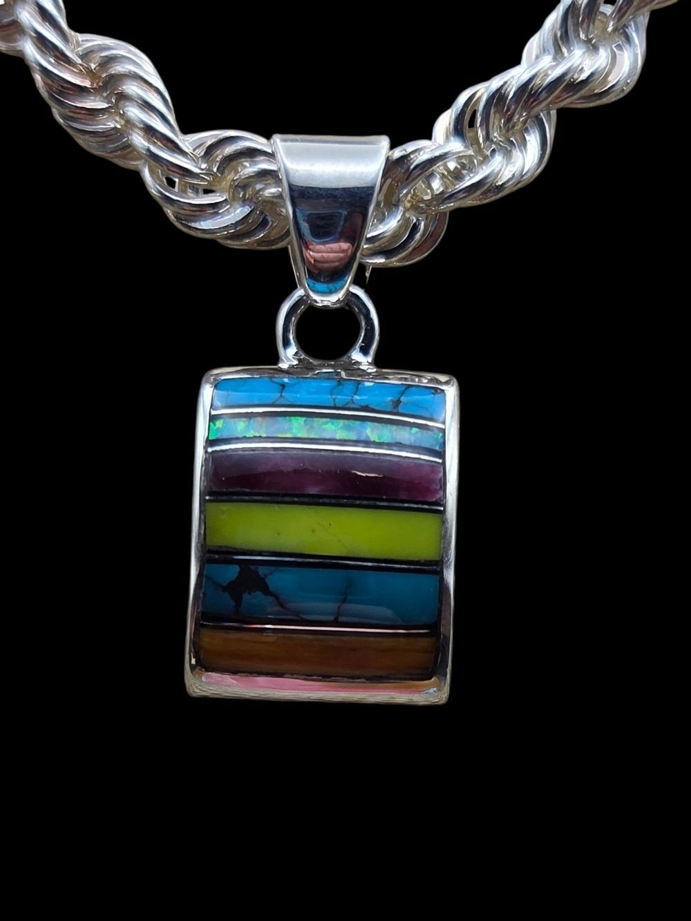 Southwest Sterling Silver Multi Stone Inlay Rectangle Pendant BY